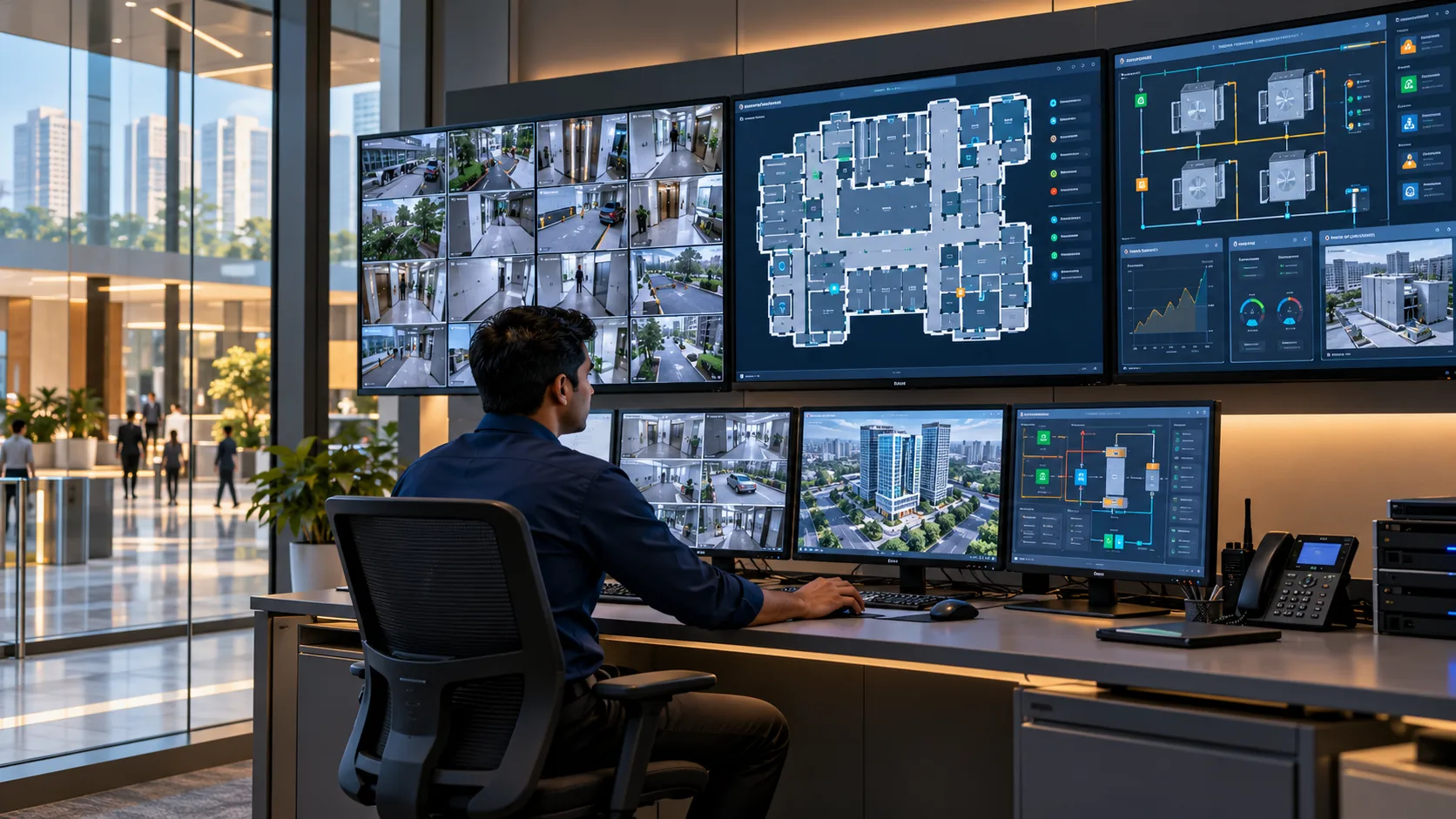 Illustrative integrated security and building management control room